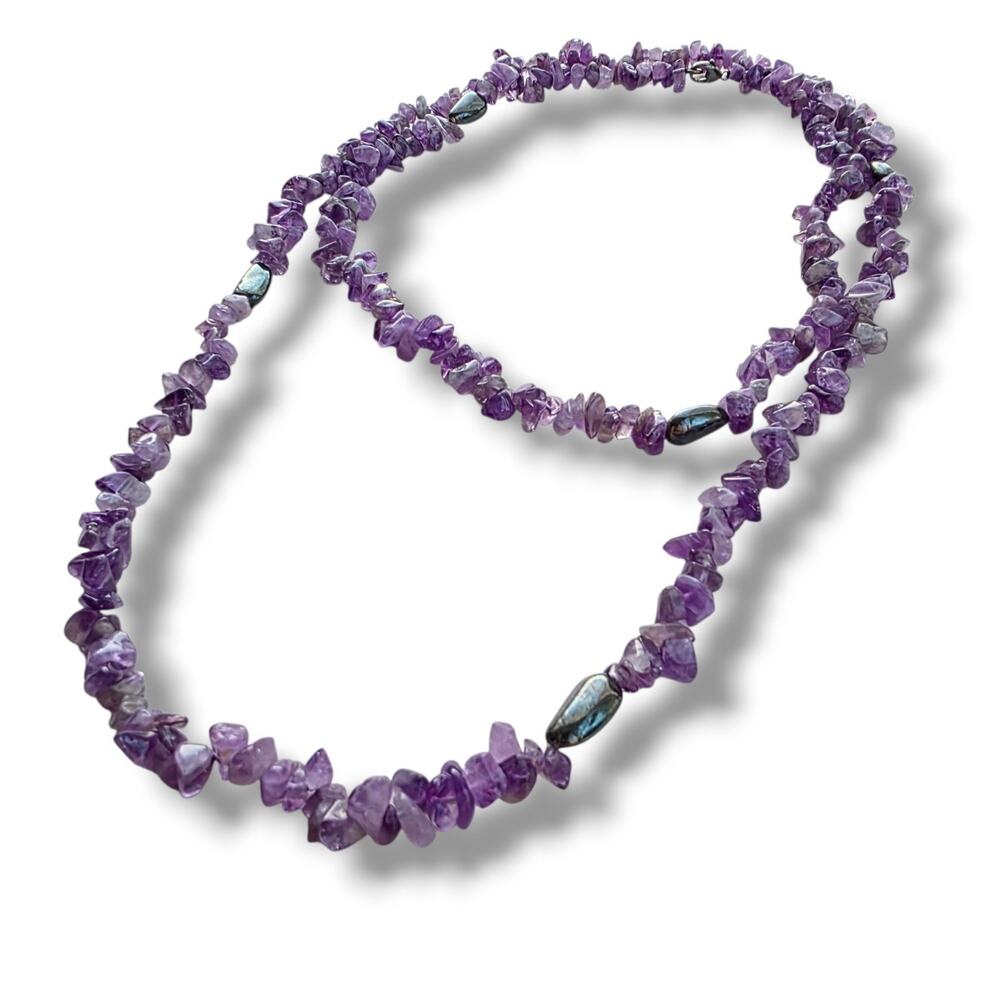 Beaded Long Necklace 38"‎ Amethyst, Purple New Sterling Silver 925 Hematite